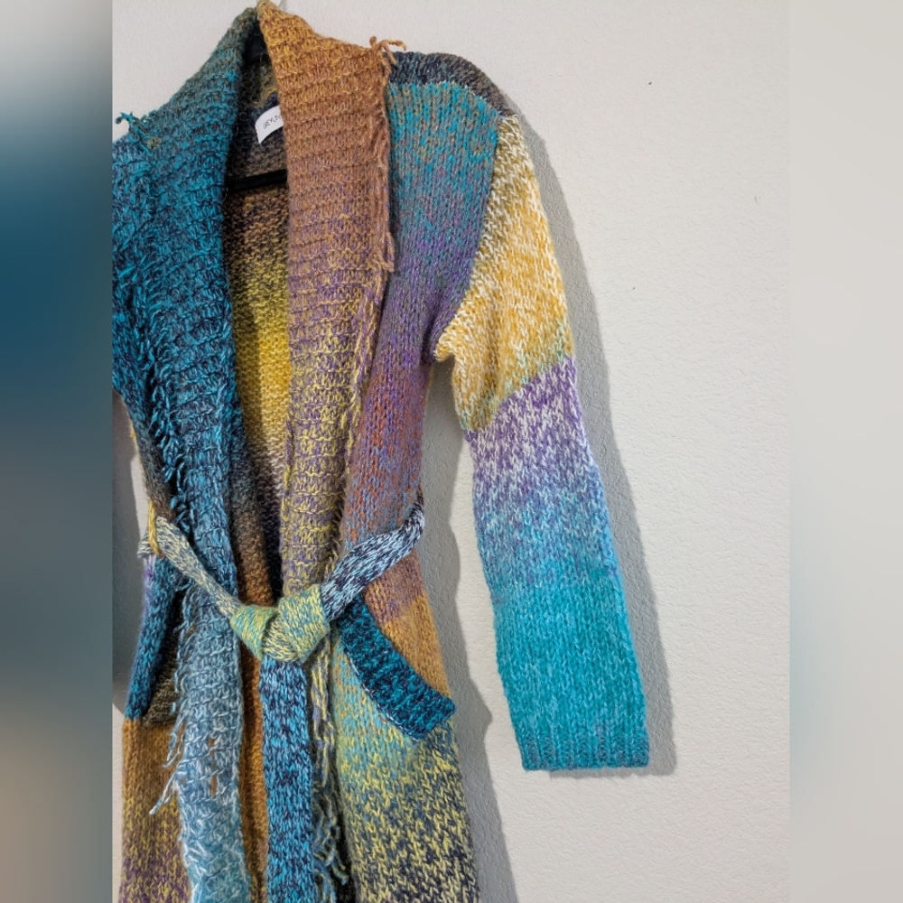 Anthropologie Greylin Oversized Rainbow Knit Fringe Open Front Wrap Sweater S - Picture 7 of 16
